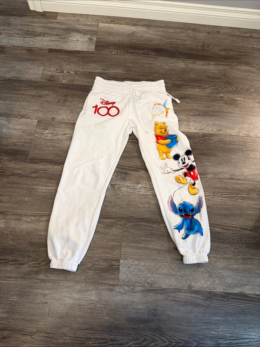 Disney White Kids Joggers with Pooh, Mickey & Stitch Graphics